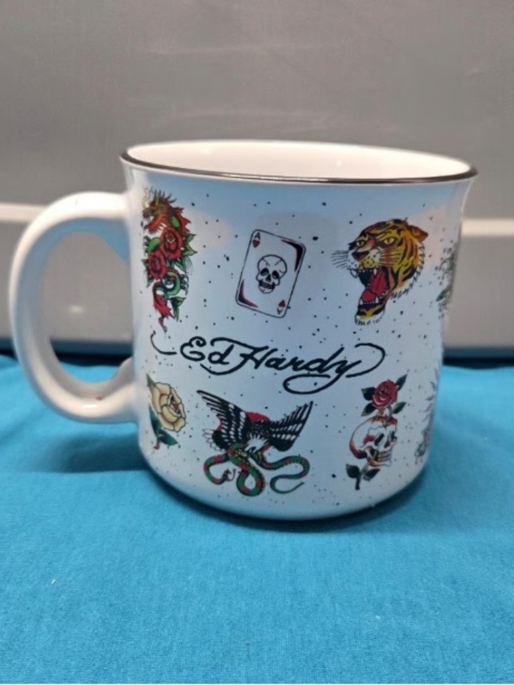 Ed Hardy White Ceramic Mug with Multicolor Tattoo Art